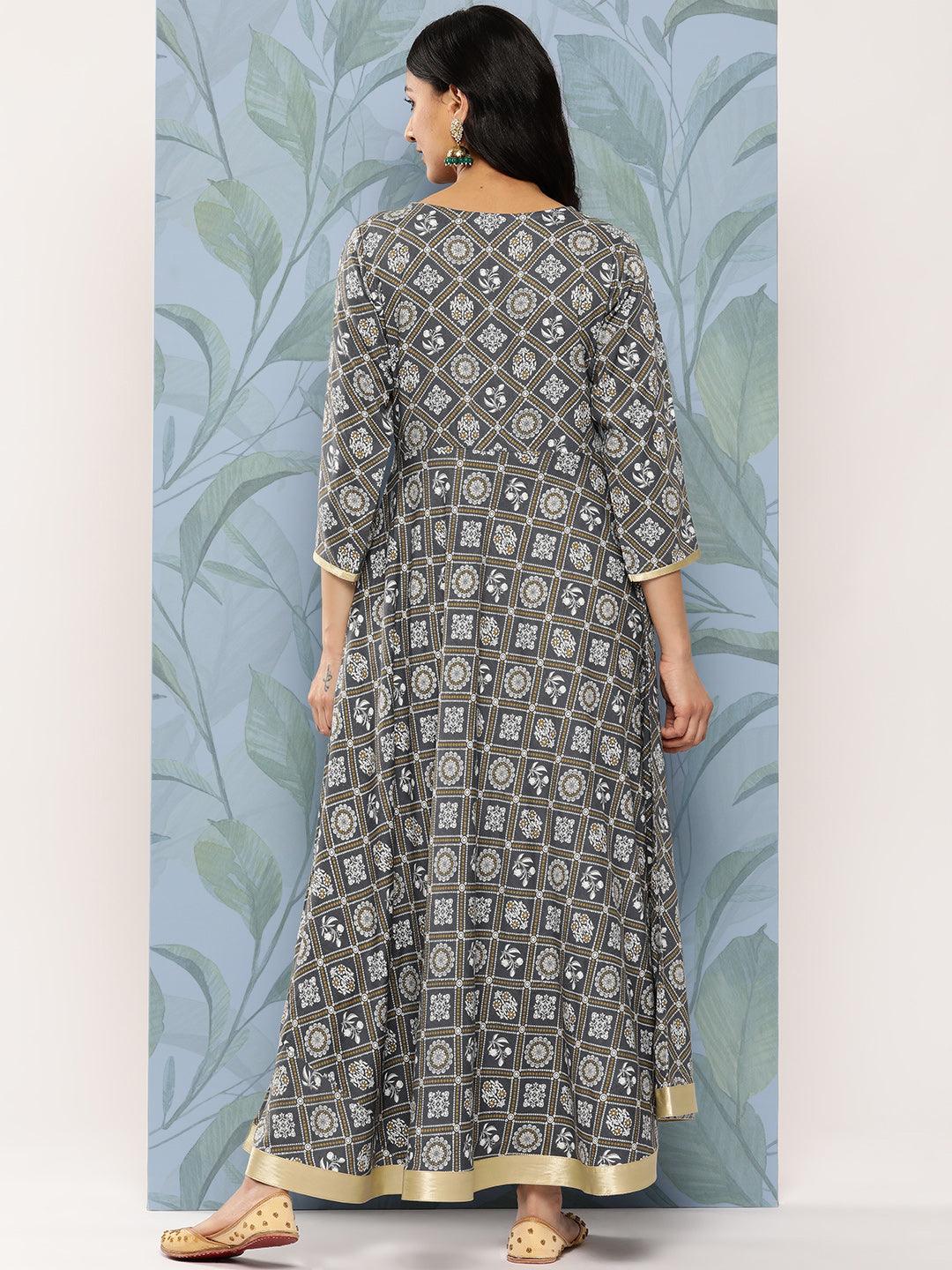 Grey Printed Rayon Fit and Flare Dress - Libas 