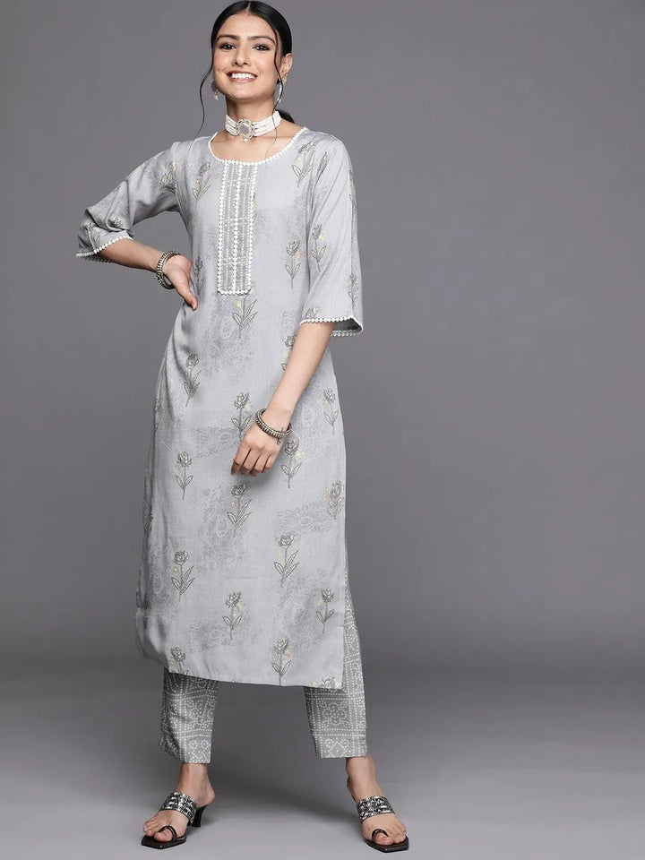 Grey Printed Rayon Kurta - Libas