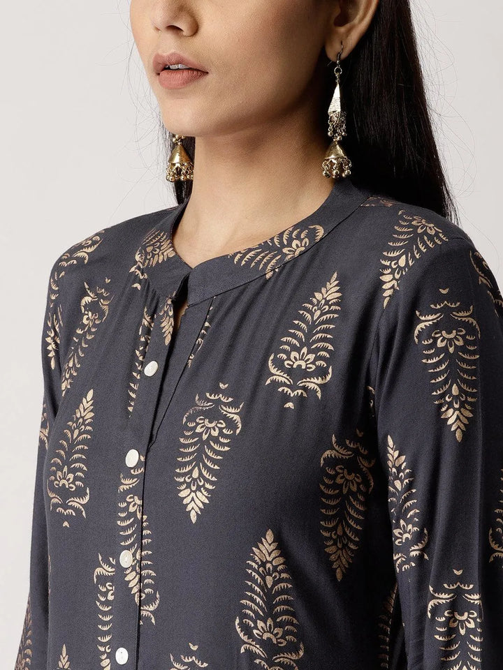 Grey Printed Rayon Kurta - Libas