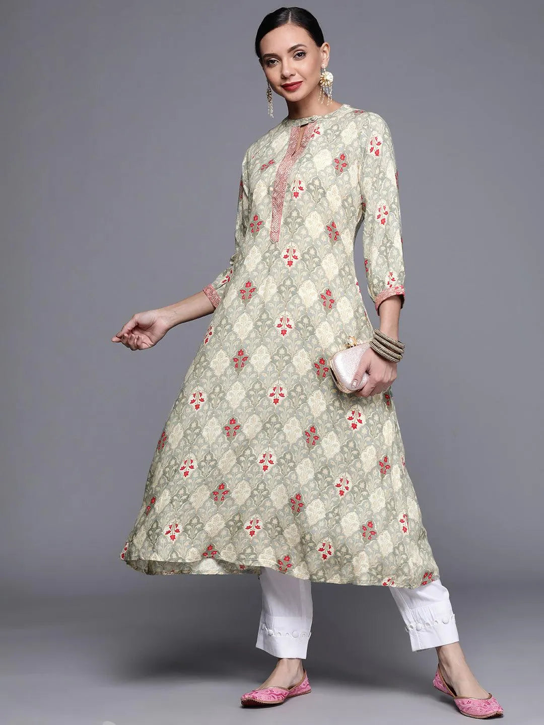 Grey Printed Rayon Kurta - Libas 