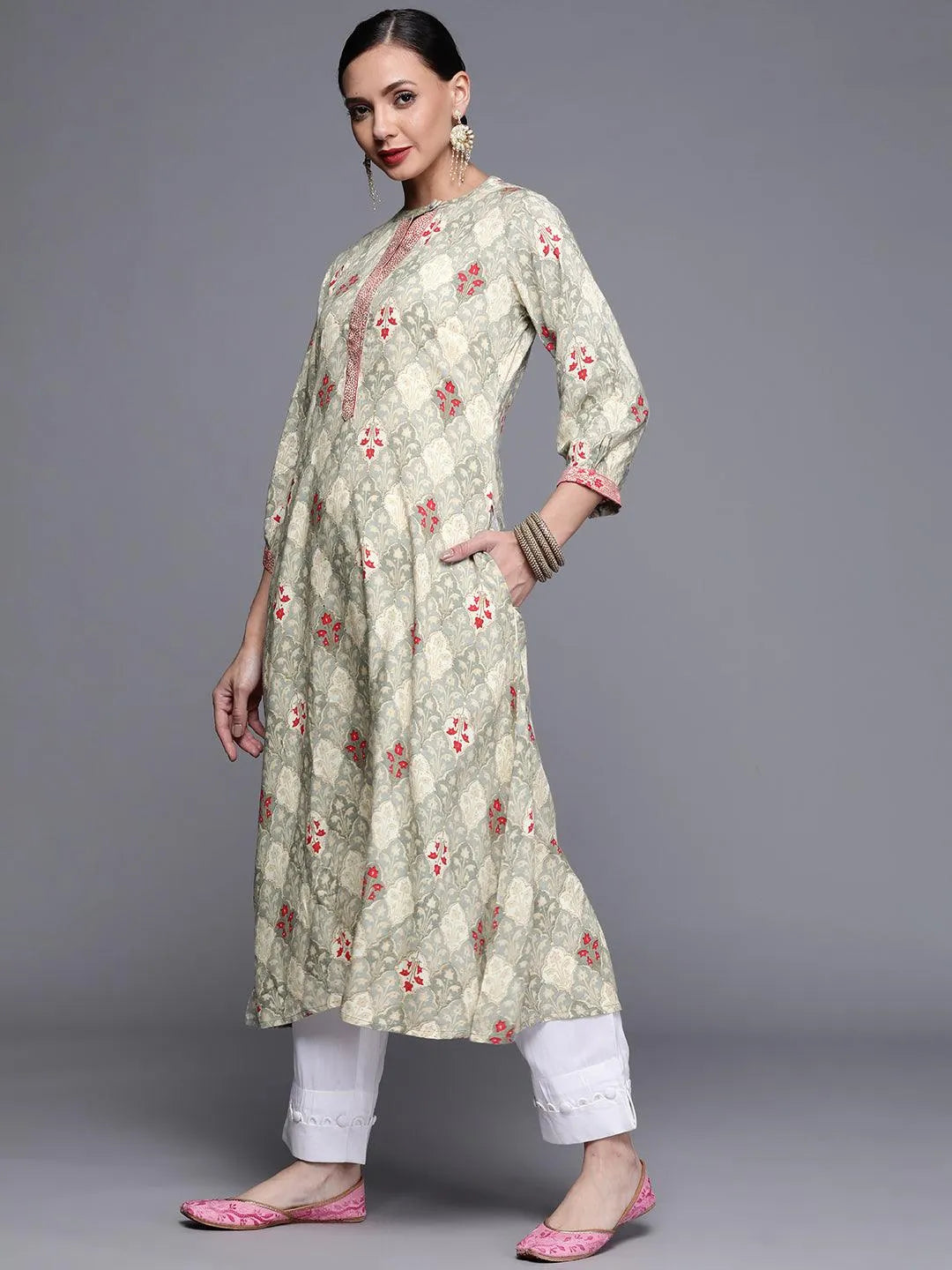 Grey Printed Rayon Kurta - Libas 