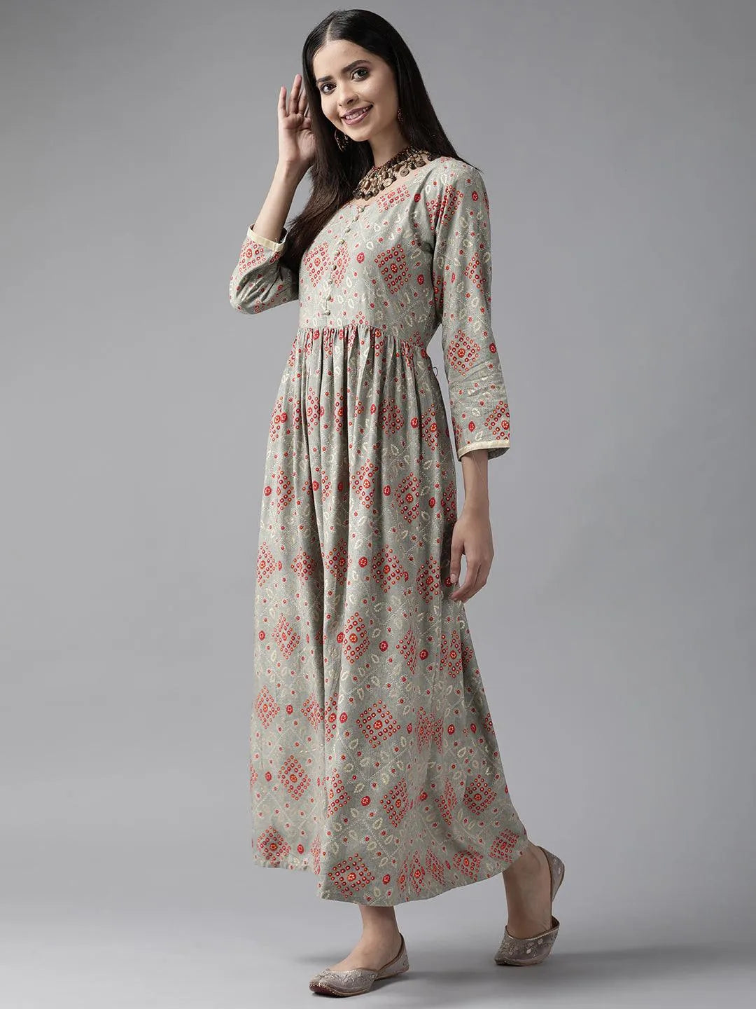 Grey Printed Rayon Maxi Dress - Libas 