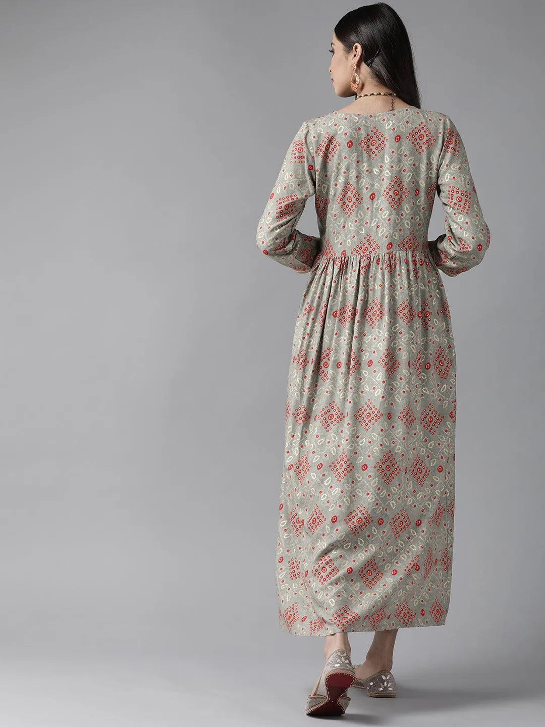 Grey Printed Rayon Maxi Dress - Libas 