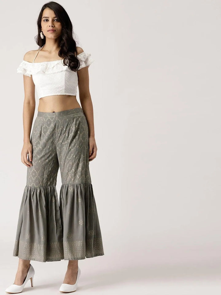 Grey Printed Rayon Sharara Pants - Libas