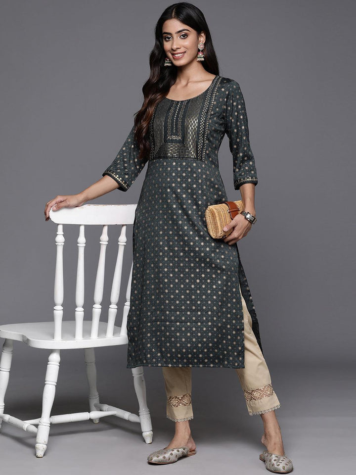 Grey Printed Rayon Straight Kurta - Libas