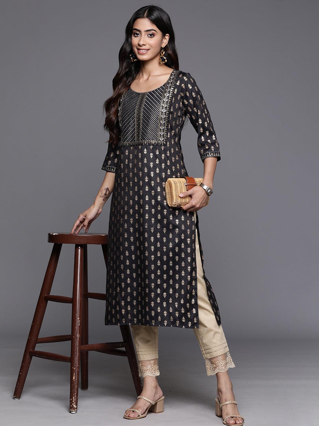 Grey Printed Rayon Straight Kurta - Libas