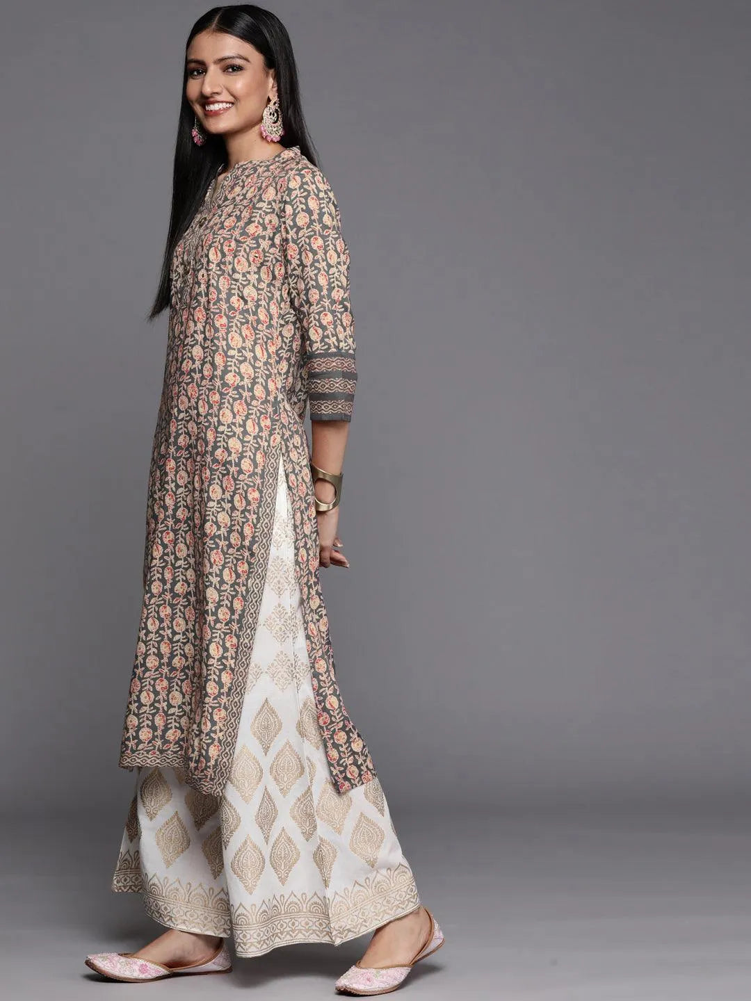 Grey Printed Rayon Straight Kurta - Libas