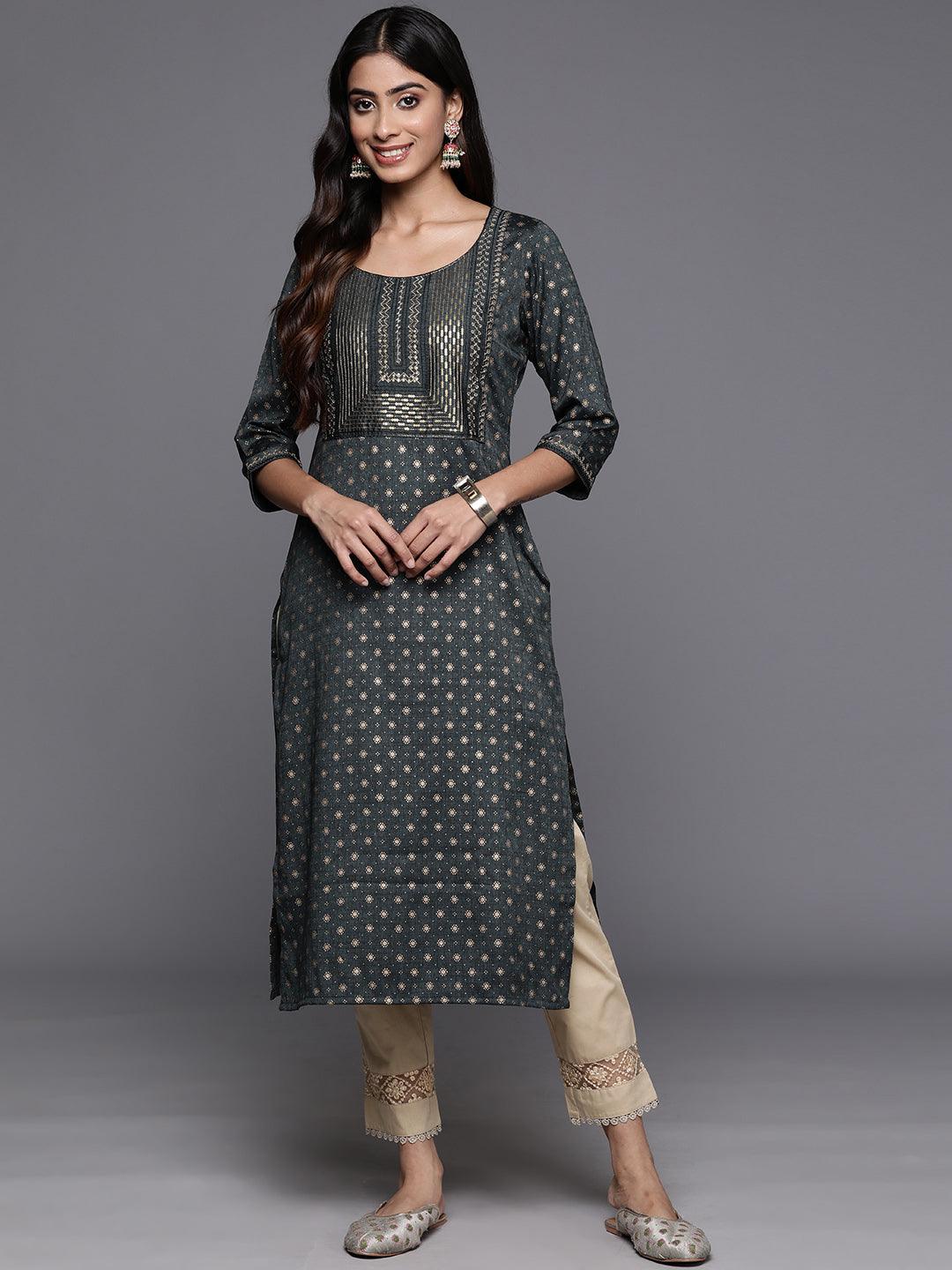 Grey Printed Rayon Straight Kurta - Libas