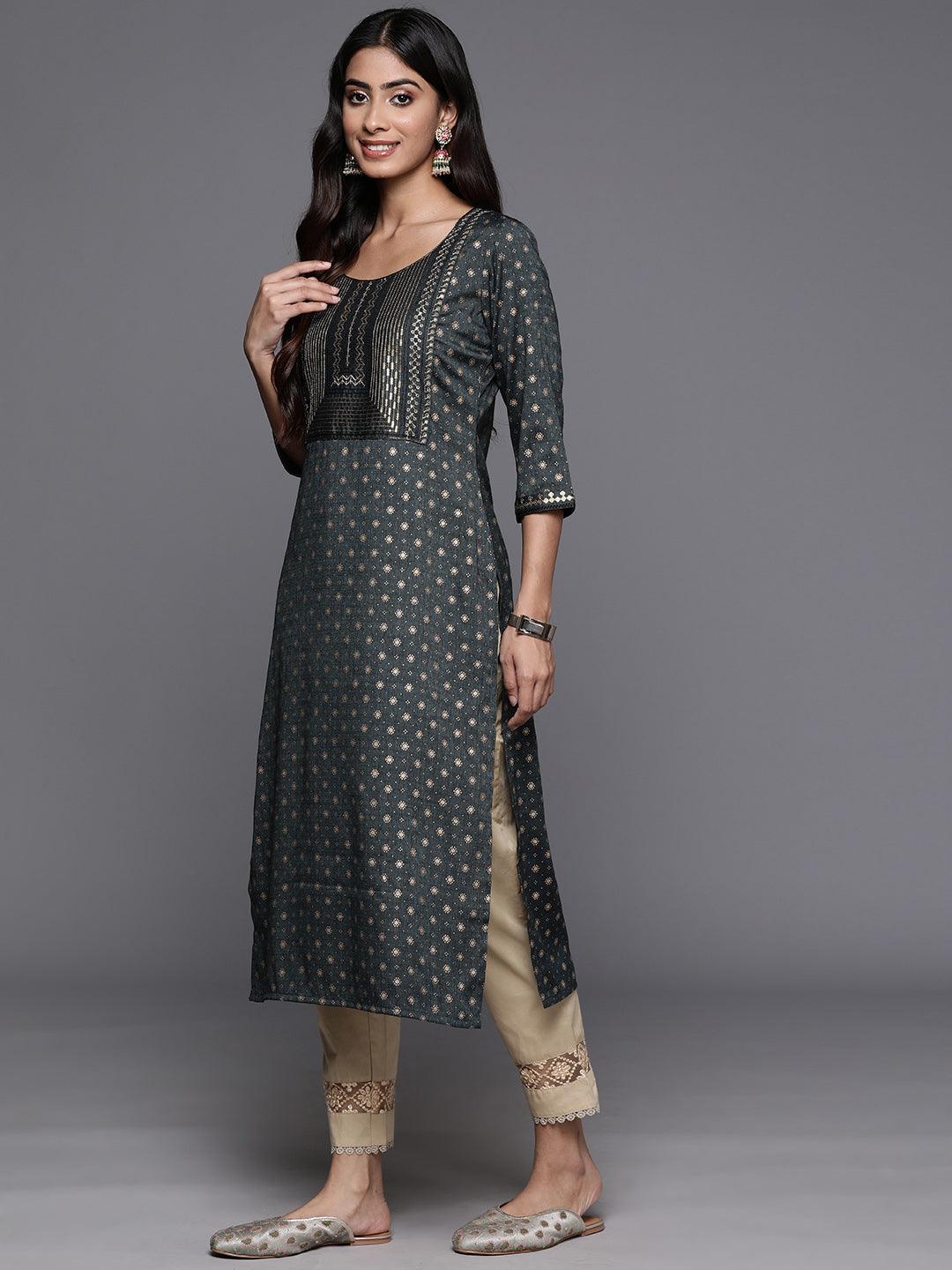 Grey Printed Rayon Straight Kurta - Libas