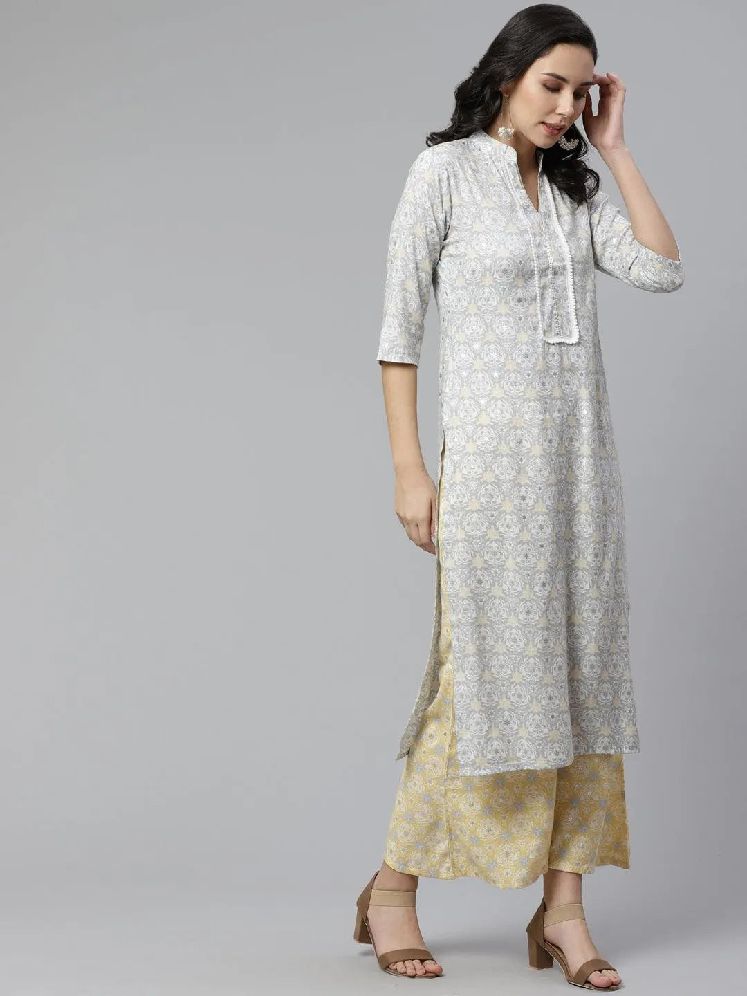 Grey Printed Rayon Kurta Set - Libas