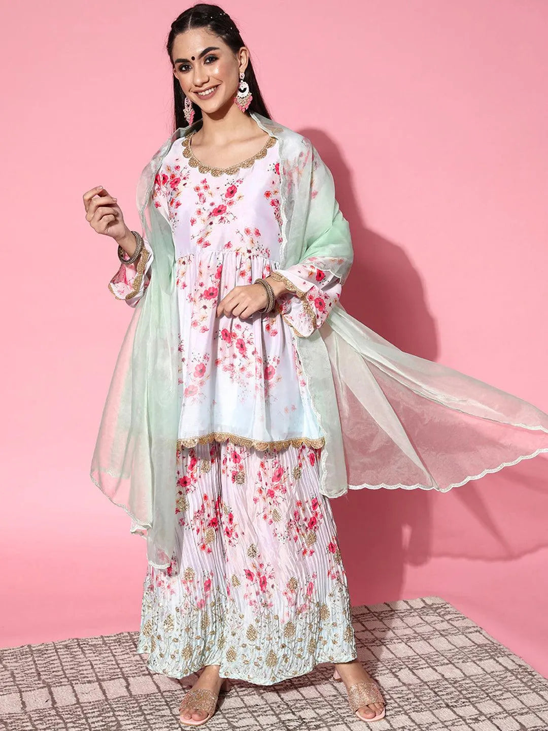 Grey Printed Satin Anarkali Sharara Suit Set With Dupatta - Libas 