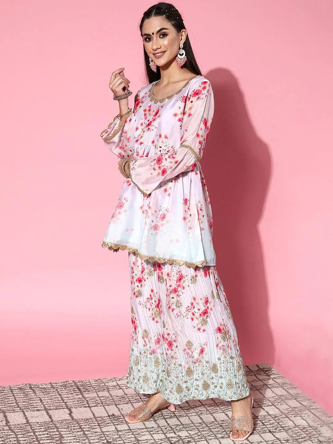 Grey Printed Satin Anarkali Sharara Suit Set With Dupatta - Libas 