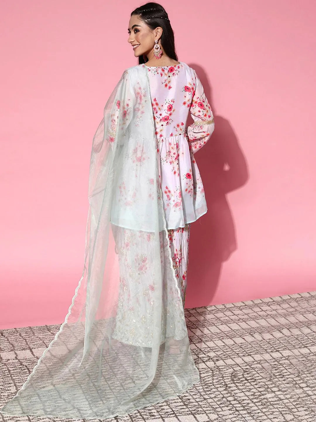 Grey Printed Satin Anarkali Sharara Suit Set With Dupatta - Libas 