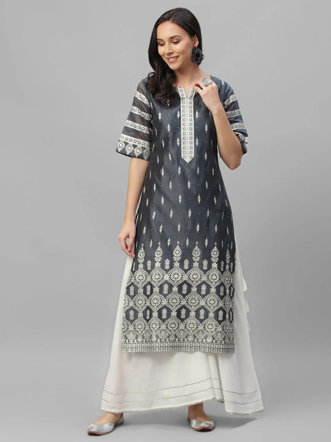 Grey Printed Shantoon Kurta - Libas