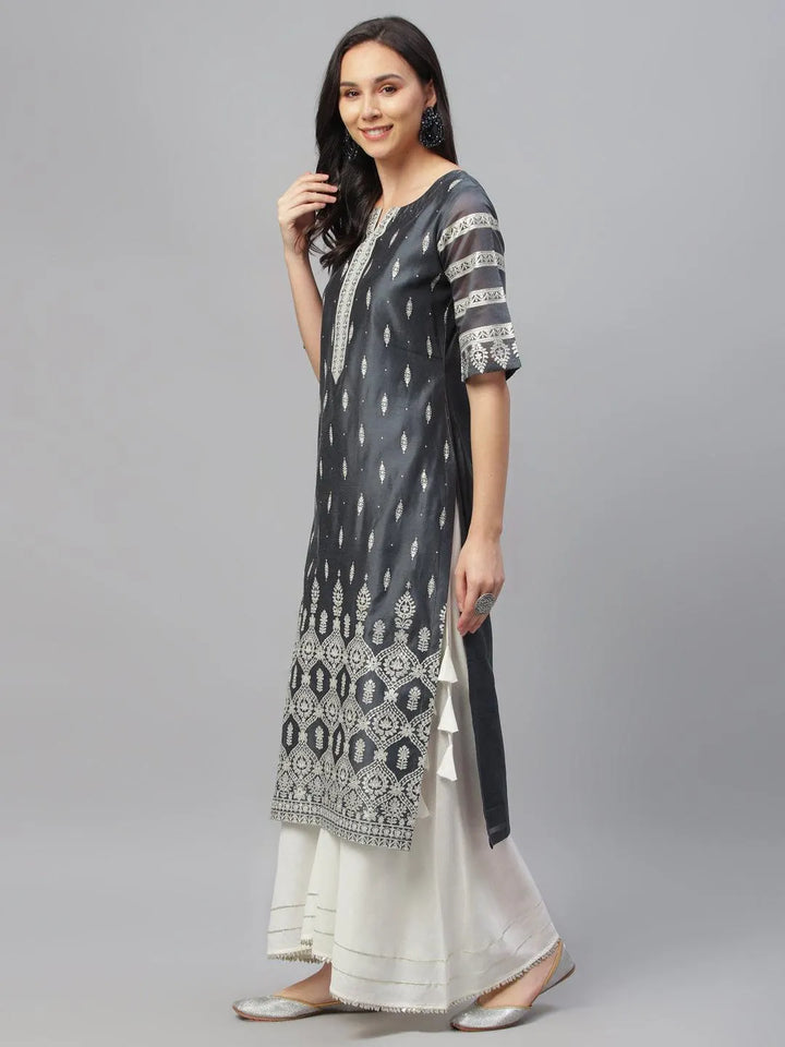 Grey Printed Shantoon Kurta - Libas