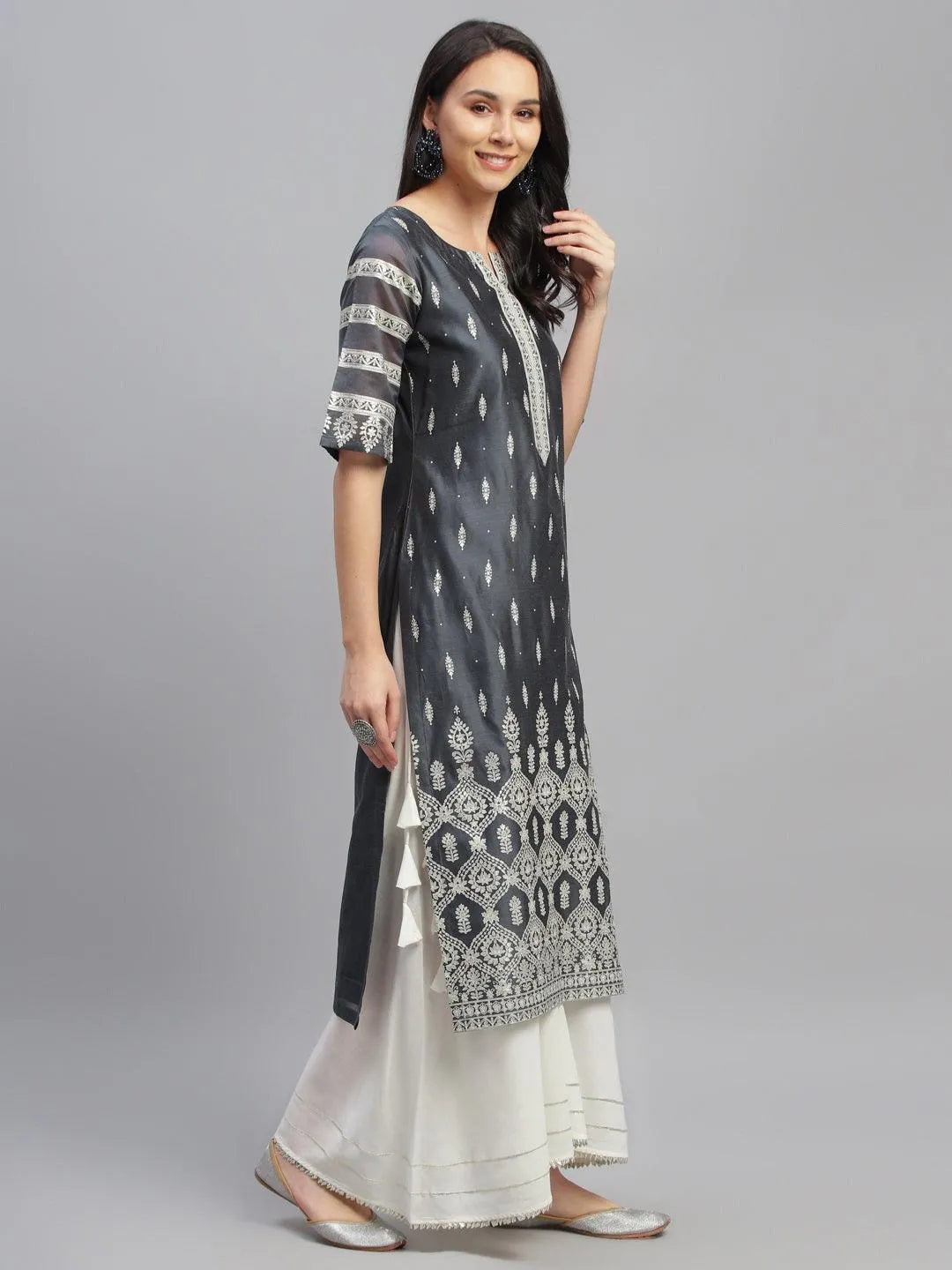 Grey Printed Shantoon Kurta - Libas