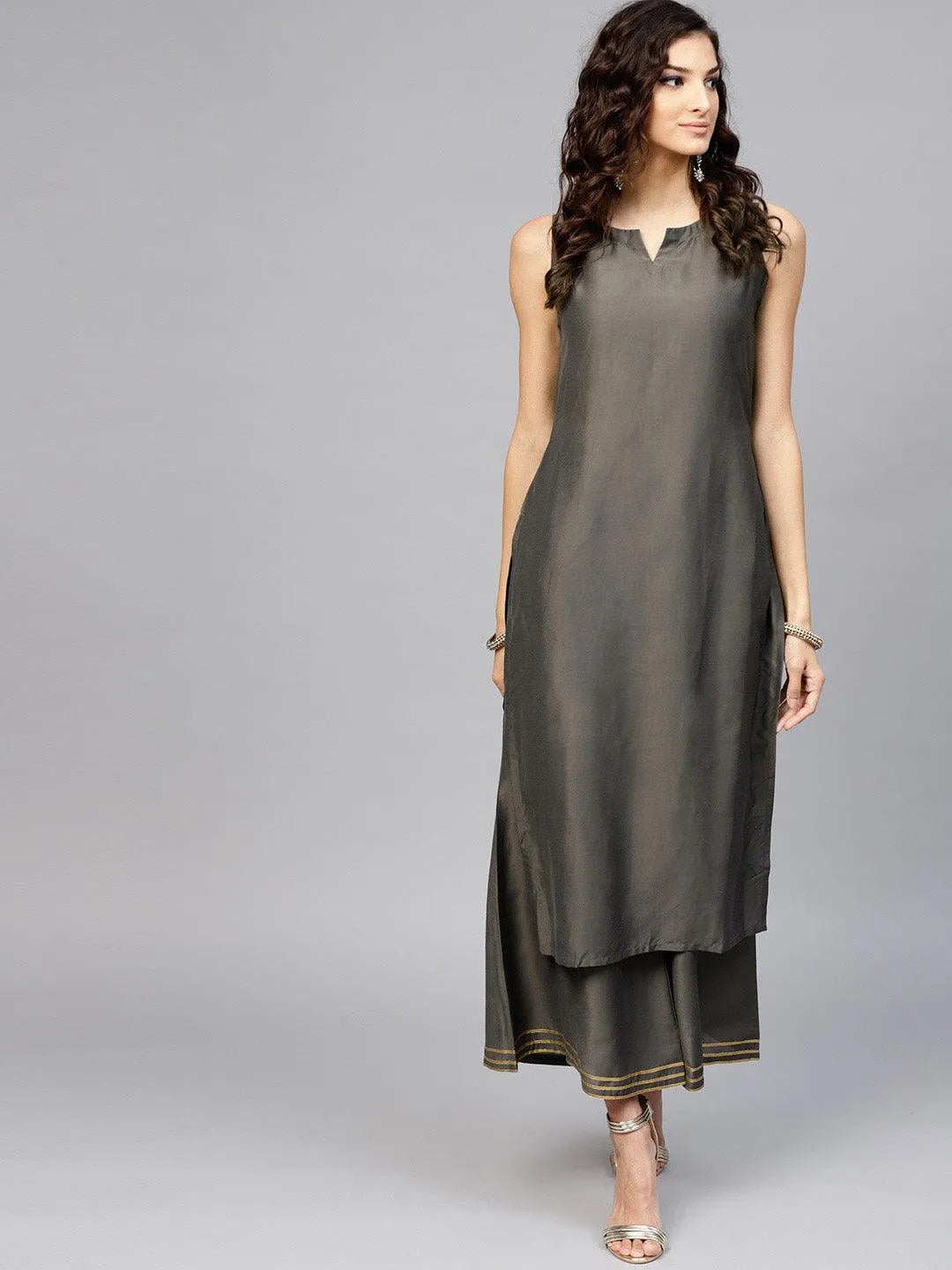 Grey Printed Silk Kurta Set - Libas