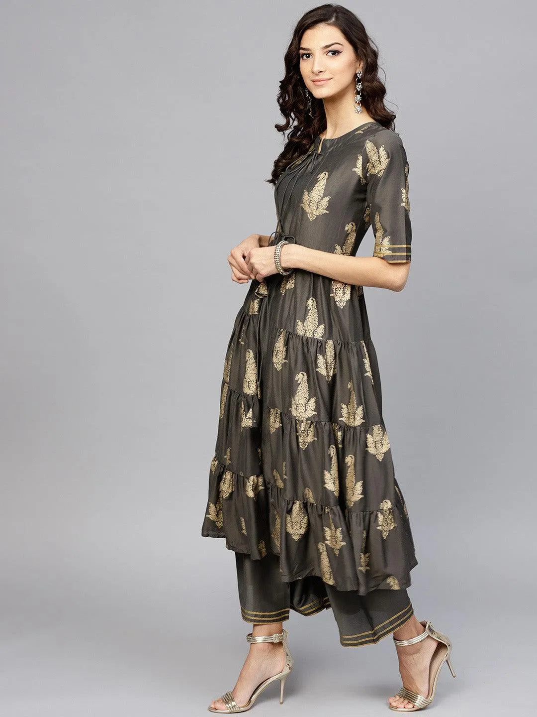 Grey Printed Silk Kurta Set - Libas