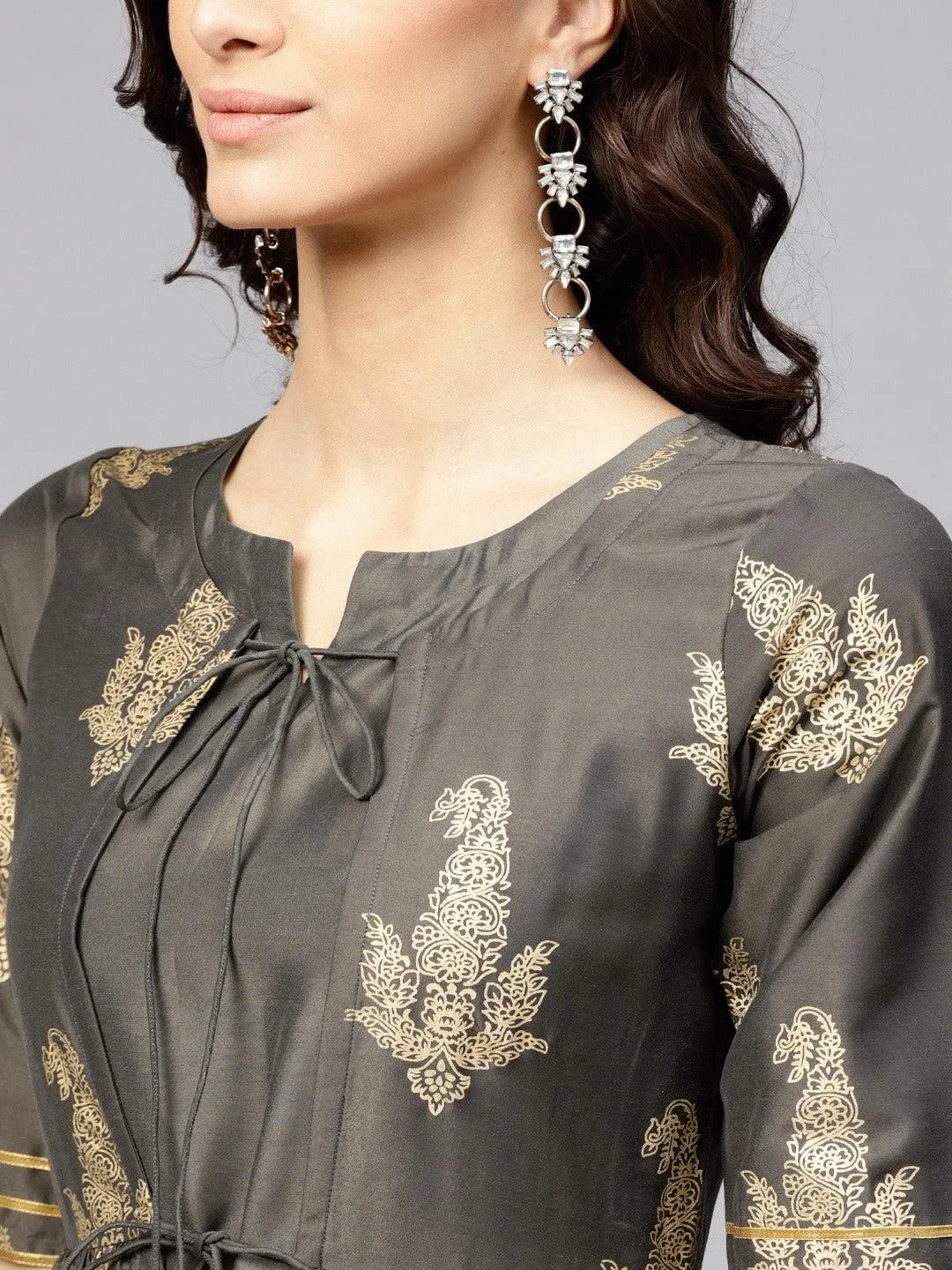 Grey Printed Silk Kurta Set - Libas 