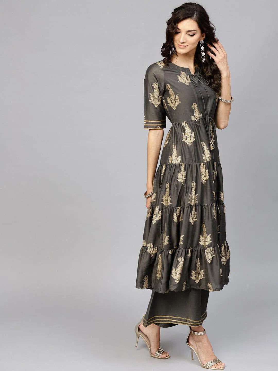 Grey Printed Silk Kurta Set - Libas 