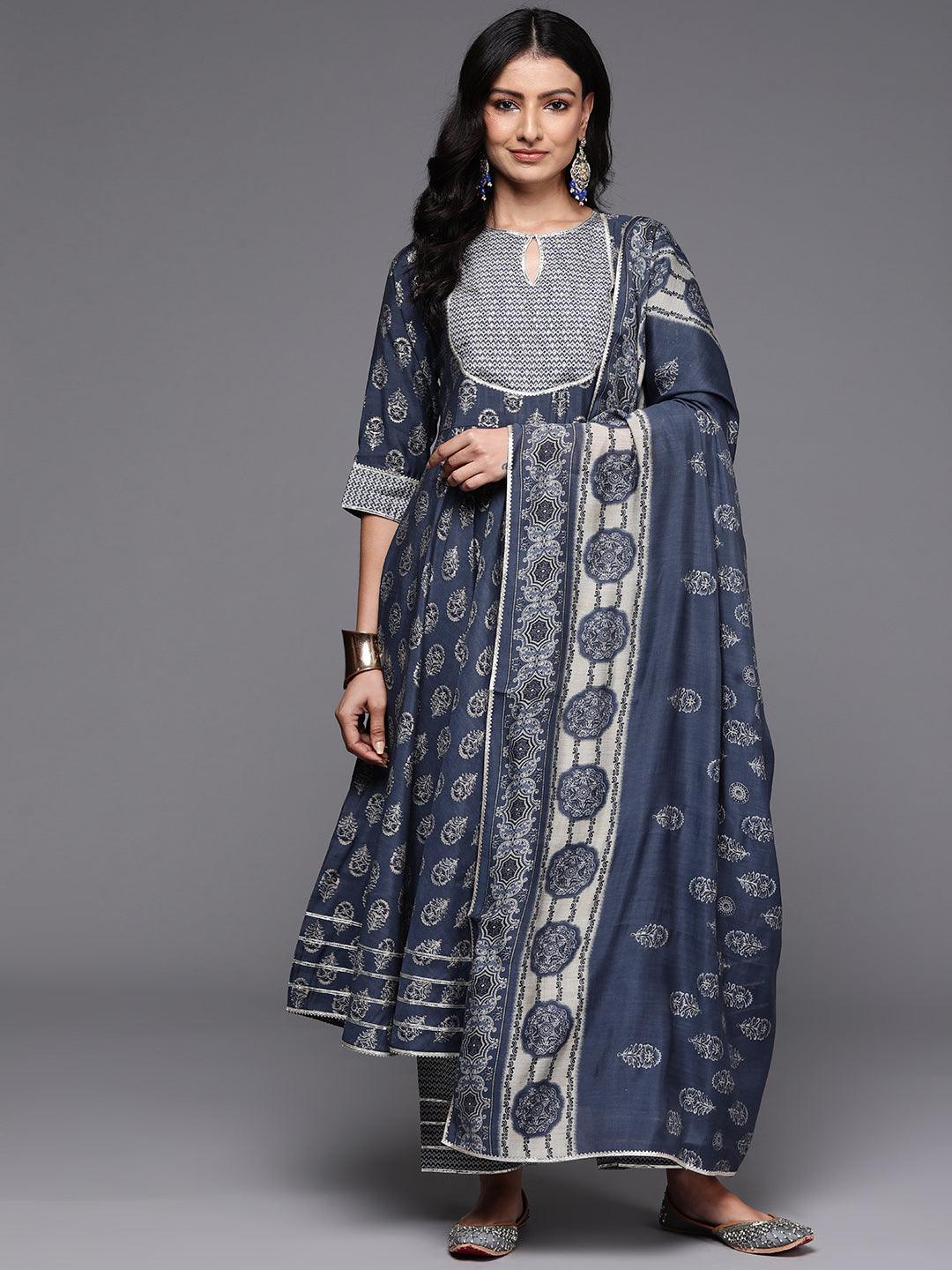 Grey Printed Silk Blend Anarkali Kurta With Palazzos & Dupatta - Libas 