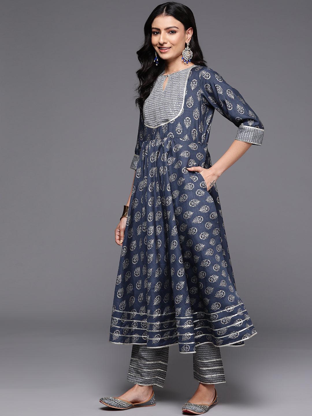 Grey Printed Silk Blend Anarkali Kurta With Palazzos & Dupatta - Libas 