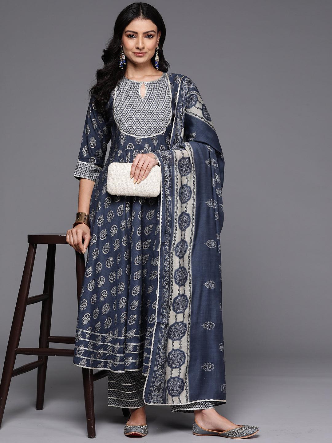 Grey Printed Silk Blend Anarkali Kurta With Palazzos & Dupatta - Libas 