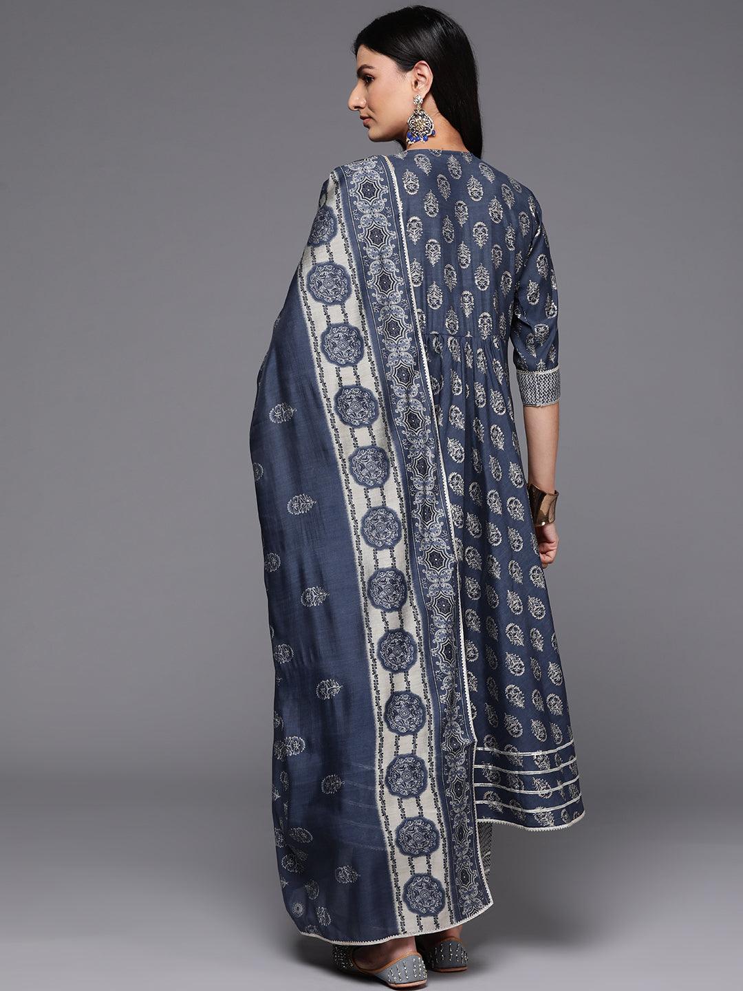 Grey Printed Silk Blend Anarkali Kurta With Palazzos & Dupatta - Libas 