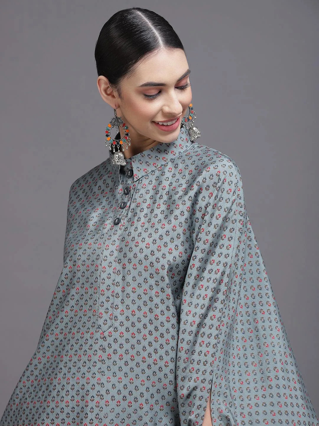 Grey Printed Silk Blend Kurta Set - Libas 