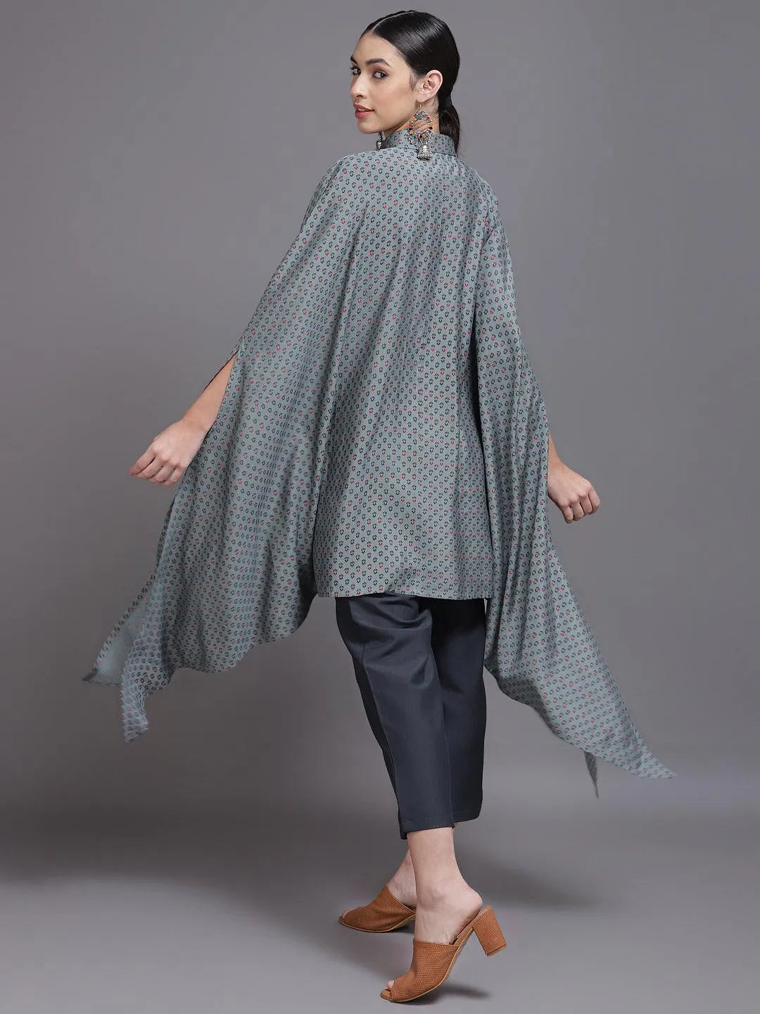 Grey Printed Silk Blend Kurta Set - Libas 