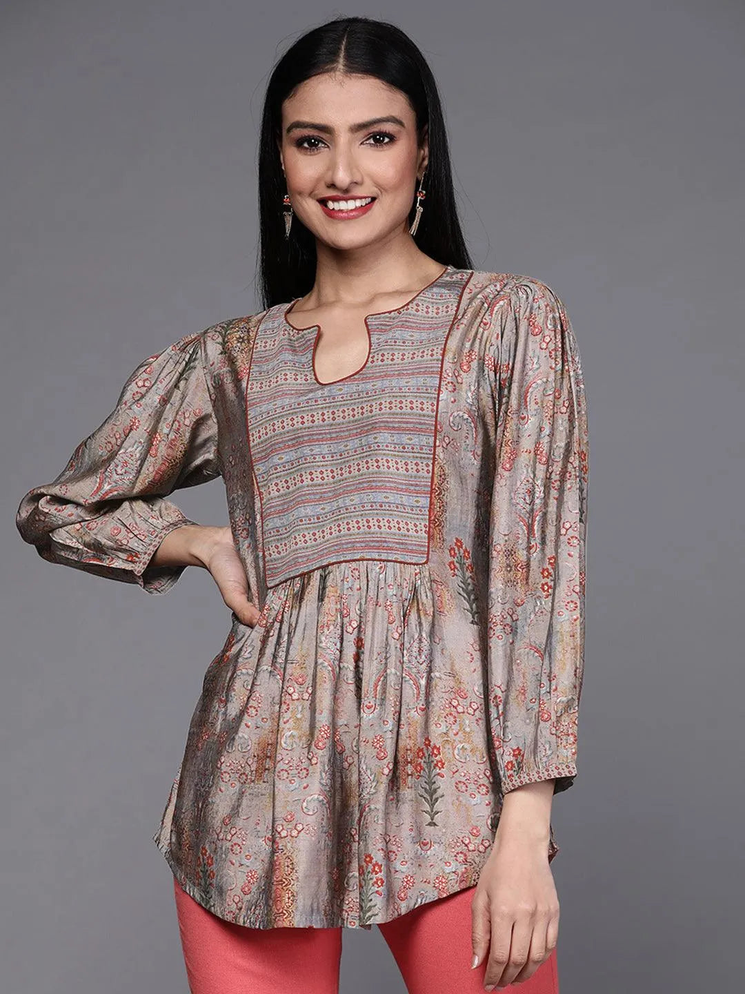 

Buy Grey Printed Silk Blend Kurti - 23256O- | Libas Ethnic Wear Online