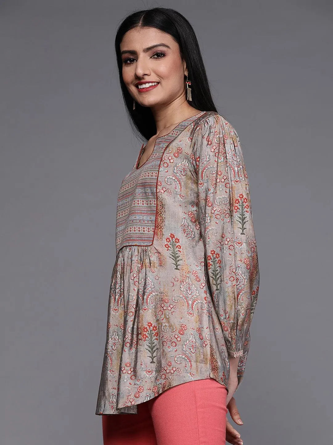 Grey Printed Silk Blend Kurti - Libas