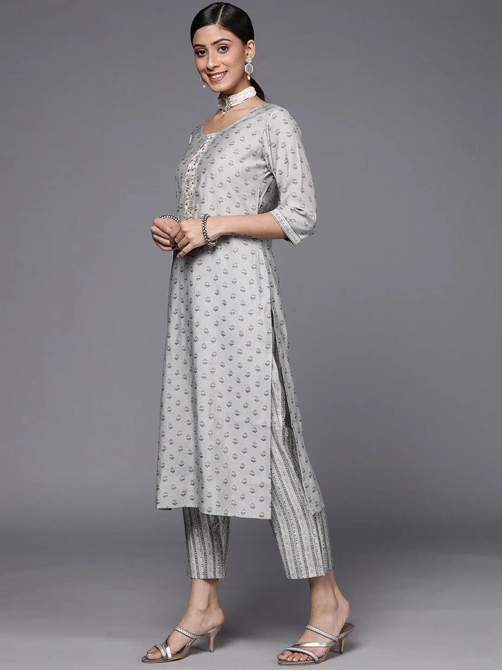 Grey Printed Silk Blend Straight Suit Set - Libas