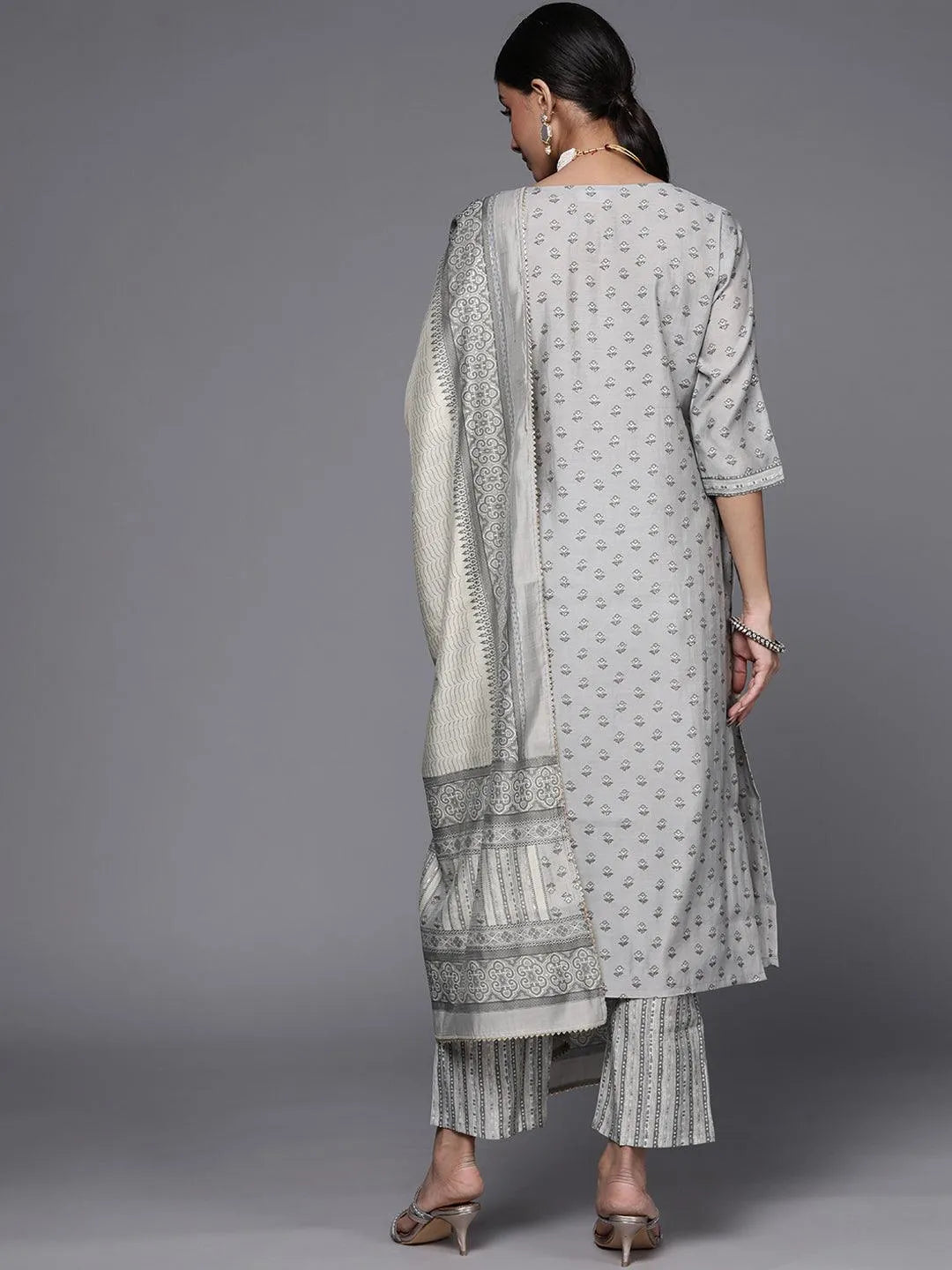 Grey Printed Silk Blend Straight Suit Set - Libas