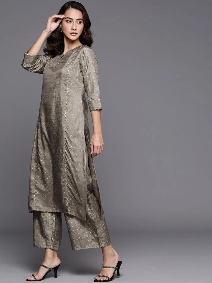 Grey Printed Silk Blend Suit Set - Libas