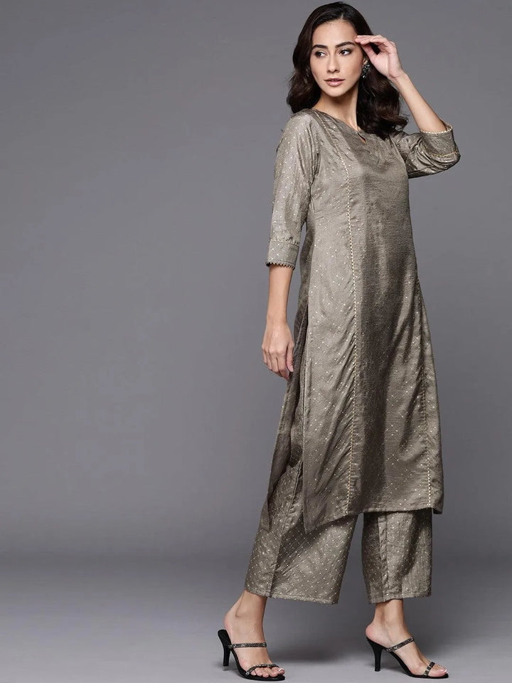 Grey Printed Silk Blend Suit Set - Libas