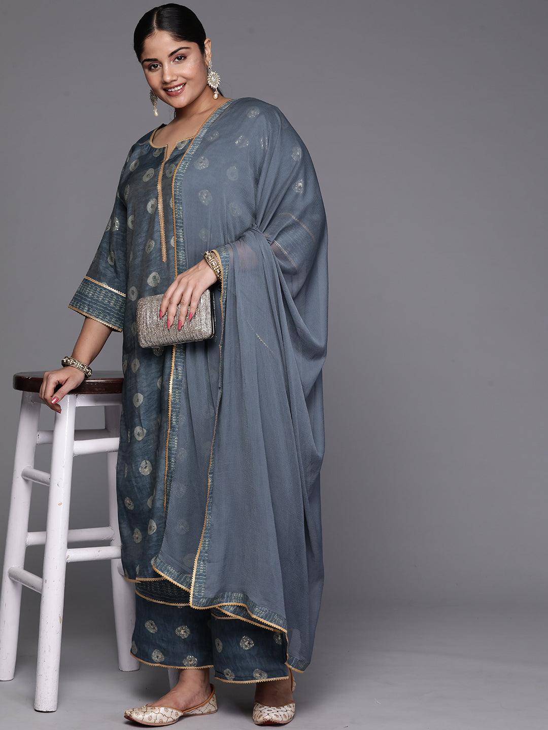 Grey Printed Silk Blend Straight Kurta With Palazzos & Dupatta - Libas