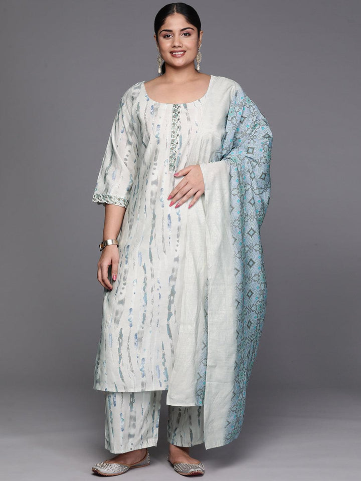 Grey Printed Silk Blend Straight Kurta With Trousers and Dupatta - Libas