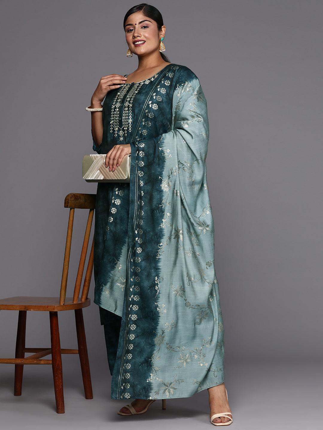 Grey Printed Silk Blend Straight Kurta With Trousers & Dupatta - Libas