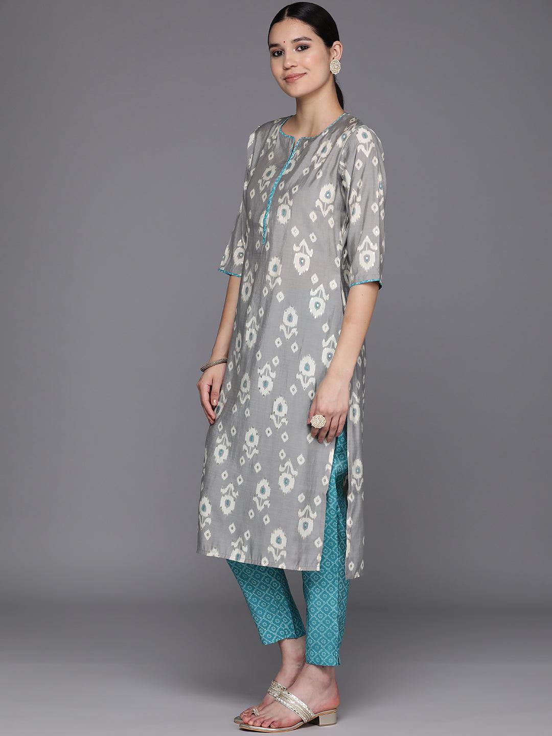 Grey Printed Silk Blend Straight Suit Set With Trousers - Libas 