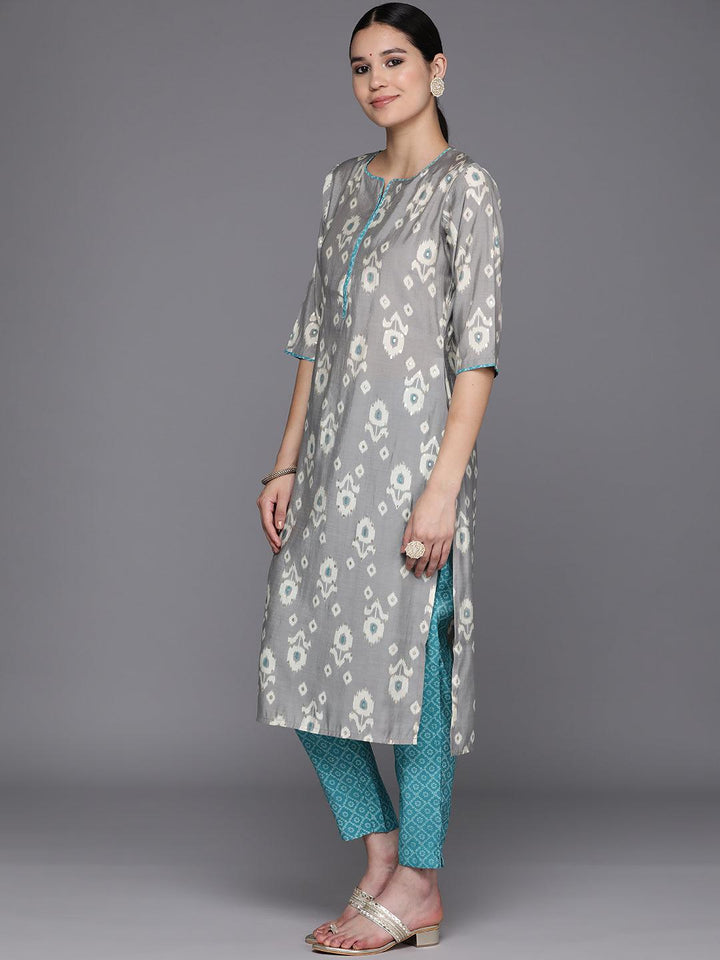 Grey Printed Silk Blend Straight Suit Set With Trousers - Libas