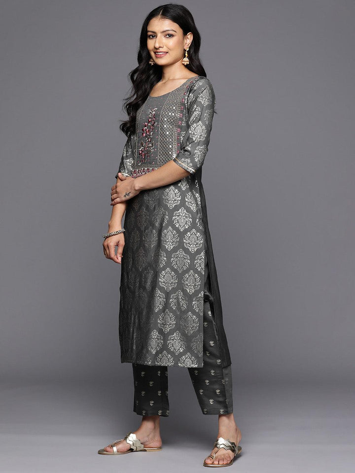 Grey Printed Silk Blend Straight Kurta With Trousers & Dupatta - Libas