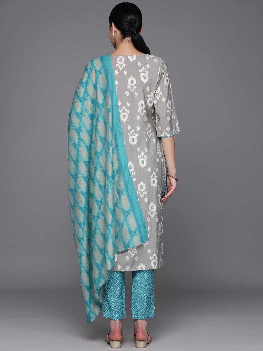 Grey Printed Silk Blend Straight Suit Set With Trousers - Libas 