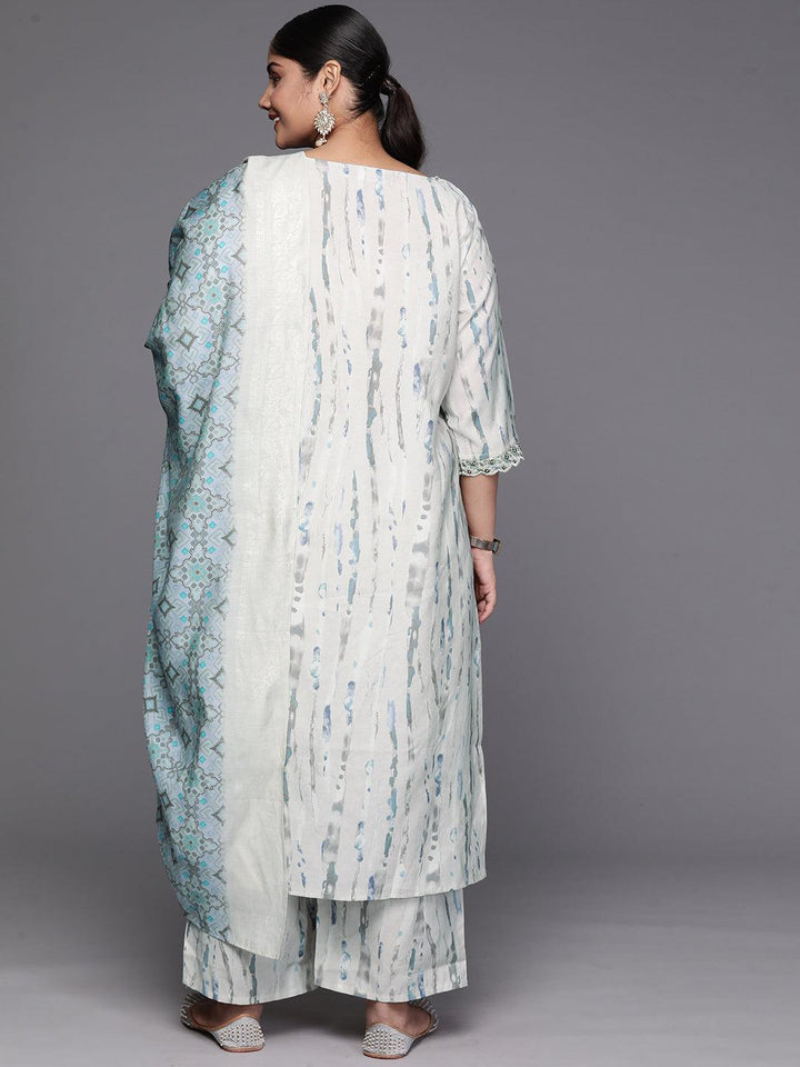 Grey Printed Silk Blend Straight Kurta With Trousers and Dupatta - Libas