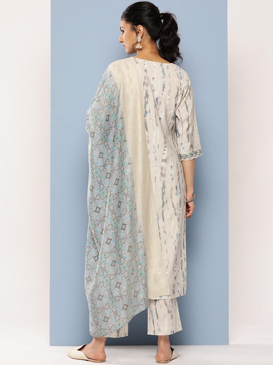 Grey Printed Silk Blend Straight Suit Set With Trousers - Libas