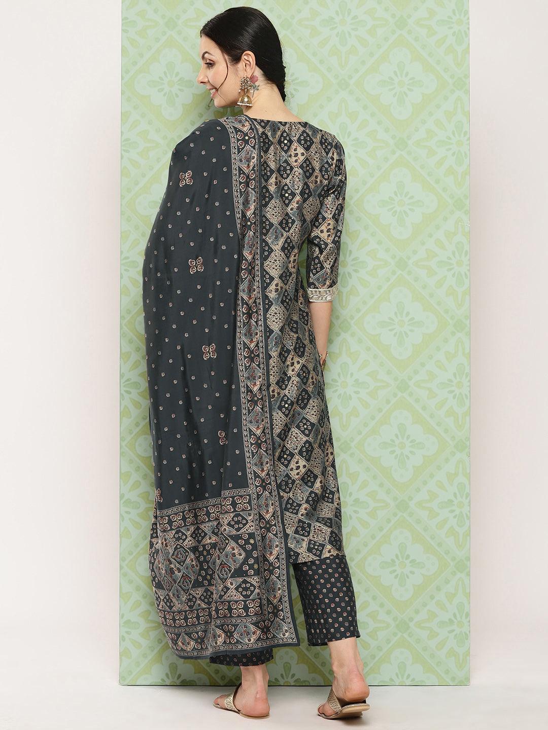 Grey Printed Silk Blend Straight Kurta With Trousers & Dupatta - Libas