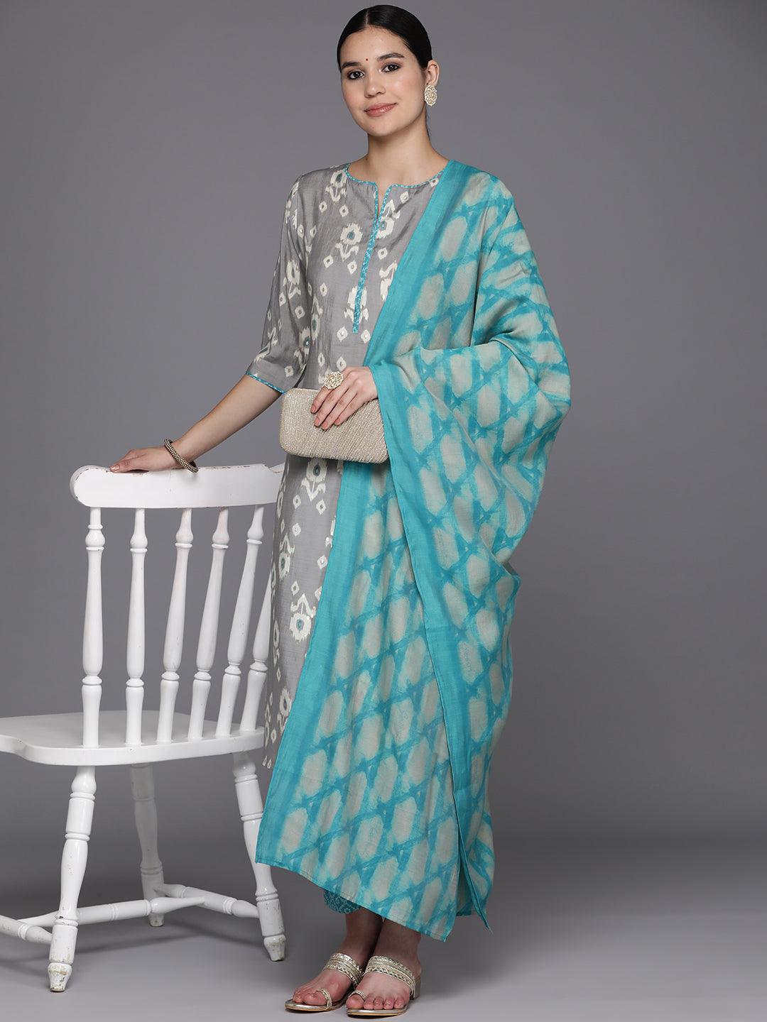 Grey Printed Silk Blend Straight Suit Set With Trousers - Libas 