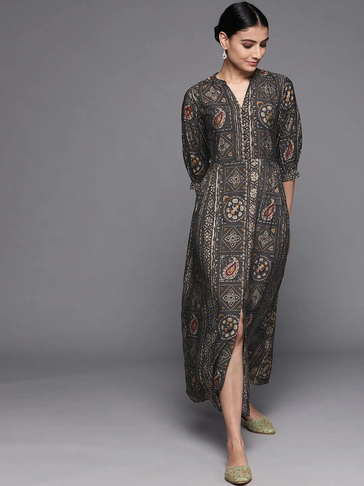 Grey Printed Silk Dress - Libas