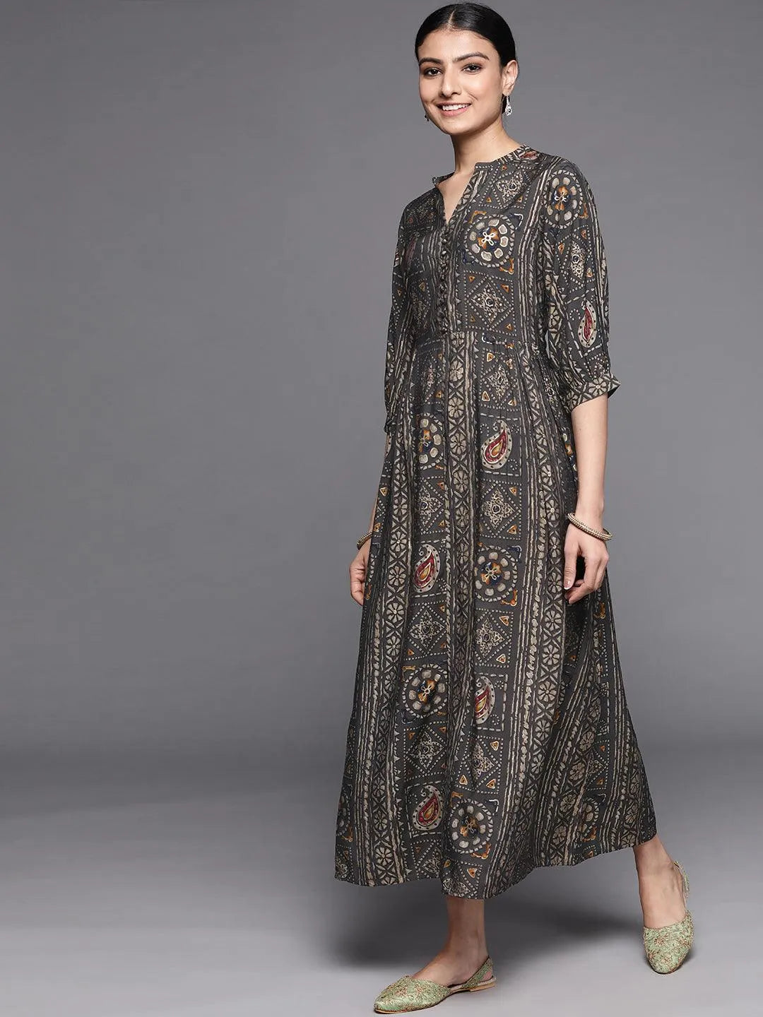 Grey Printed Silk Dress - Libas 