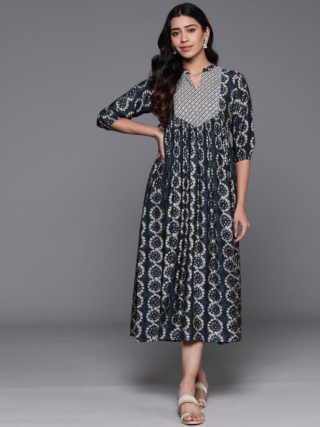 Grey Printed Silk Fit and Flare Dress - Libas 